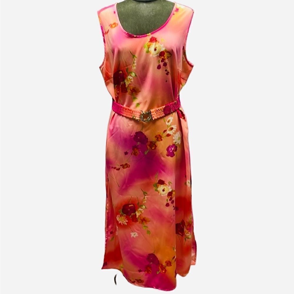 MAGGIE SWEET Womens Sleeveless Belted Maxi Dress 1X Tropical Floral Coral Pink